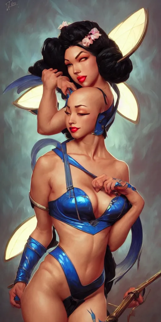 Image similar to kitana, pinup, league of legends, intricate, highly detailed, digital painting, hyperrealistic, artstation, concept art, smooth, sharp focus, illustration, Unreal Engine 5, 8K, art by artgerm and greg rutkowski and alphonse mucha, by Jesper Ejsing