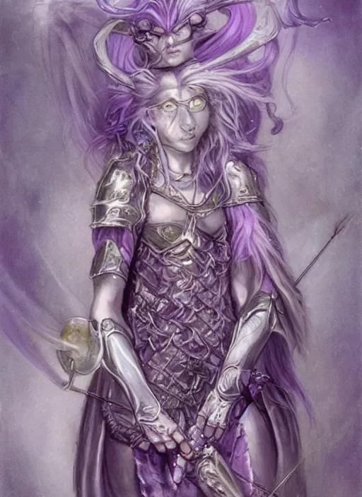 Image similar to portrait of young female sorceress of the endtimes, transluscent skin, silver filigreed armor, lavender hair, beautiful! coherent! dungeons and dragons character, by brian froud, strong line, cool night color, high contrast