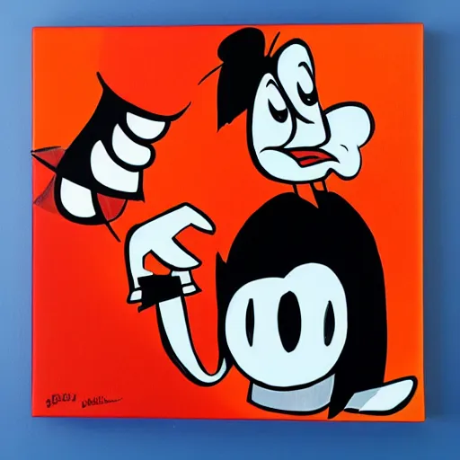 Image similar to silly fire cartoon character in the style of 1930s Fleischer animation, painted in fluid acrylics