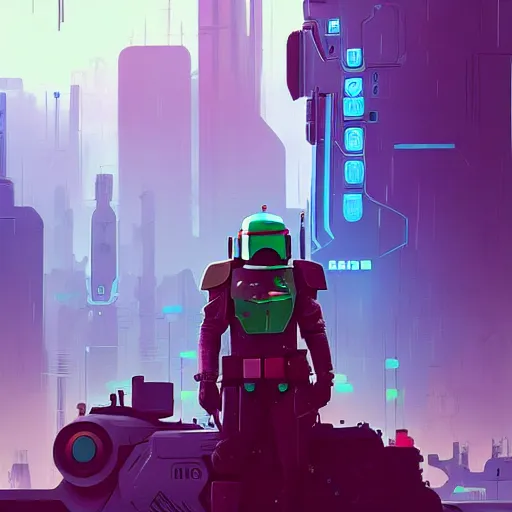 Image similar to cyberpunk boba fett in a scenic environment, cyberpunk style, artwork by anton fadeev