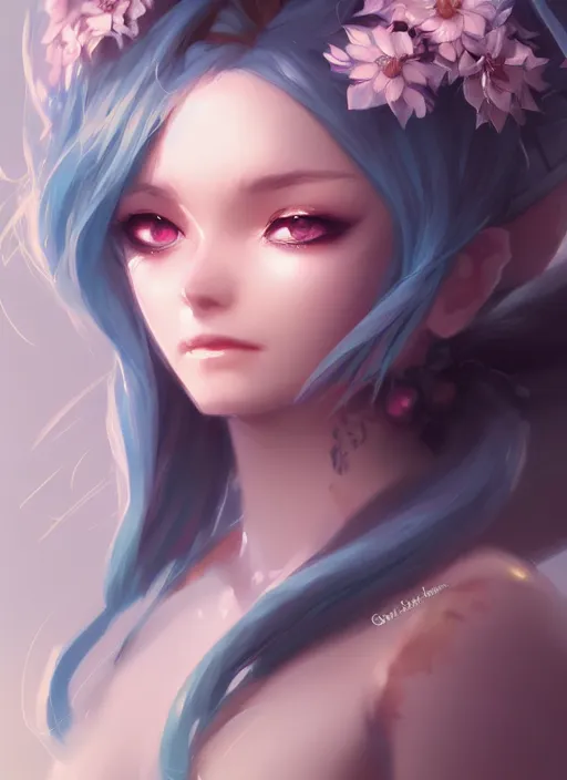 Image similar to cute little dragon,, black gold light blue, flowers diamonds, highly detailed, artgerm, cushart krenz, artstation, soft light, sharp focus, illustration, character design, concept art