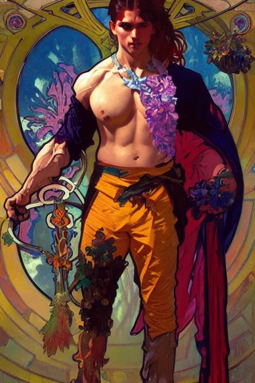 Image similar to A mage wearing colorful clothes, muscular, fantasy, holding a skull, painting by greg rutkowski and alphonse mucha