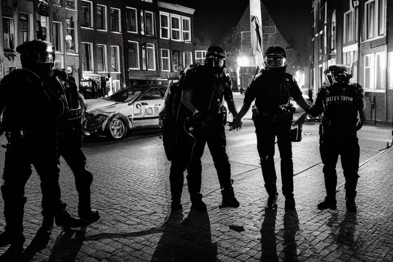 Image similar to photography of a cypherpunk being arrested in amsterdam at night