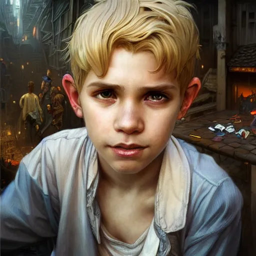 Image similar to portrait of a young boy fantasy thief in the slums of a fantasy city, dirty blonde hair, d & d, fantasy, joyful smirk, intricate, elegant, highly detailed, digital painting, artstation, concept art, matte, sharp focus, illustration, art by artgerm and greg rutkowski and alphonse mucha