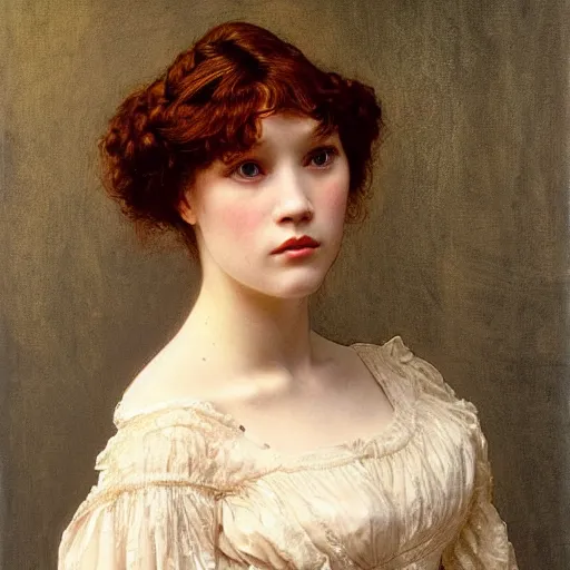 Image similar to portrait en buste of lea seydoux in an edwardian dress by frederic william burton and frederic leighton, abundantly detailed, perfectly detailed eyes
