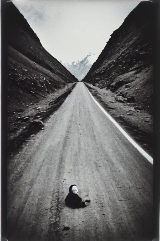 Image similar to photo polaroid of a sad and lonely child in the middle of a mountain road , Nepal,Himalayas, loneliness,,tahr , black and white ,photorealistic, 35mm film,