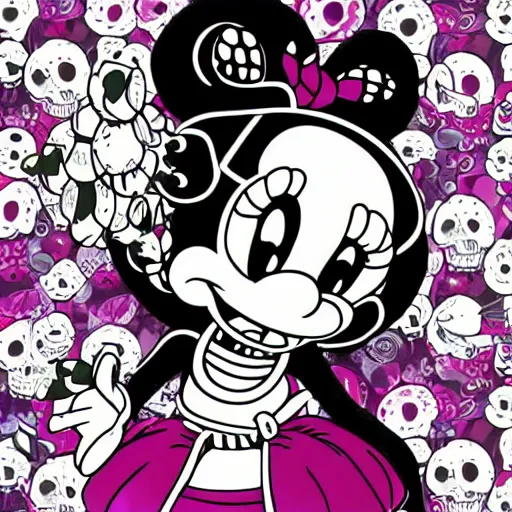 Image similar to anime manga skull portrait girl face minnie mouse marge Simpsons detailed highres 4k Mucha and James Jean pop art nouveau