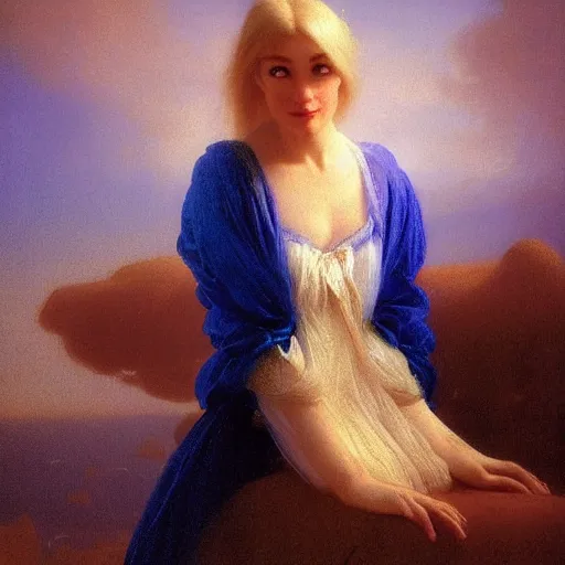 Image similar to a young woman's face, her hair is white and she wears a cobalt blue satin cloak, by ivan aivazovsky and syd mead and moebius and gaston bussiere and roger dean and pieter claesz and paul delaroche and alma tadema and aelbert cuyp and willem claesz, hyperrealistic, volumetric light, octane render