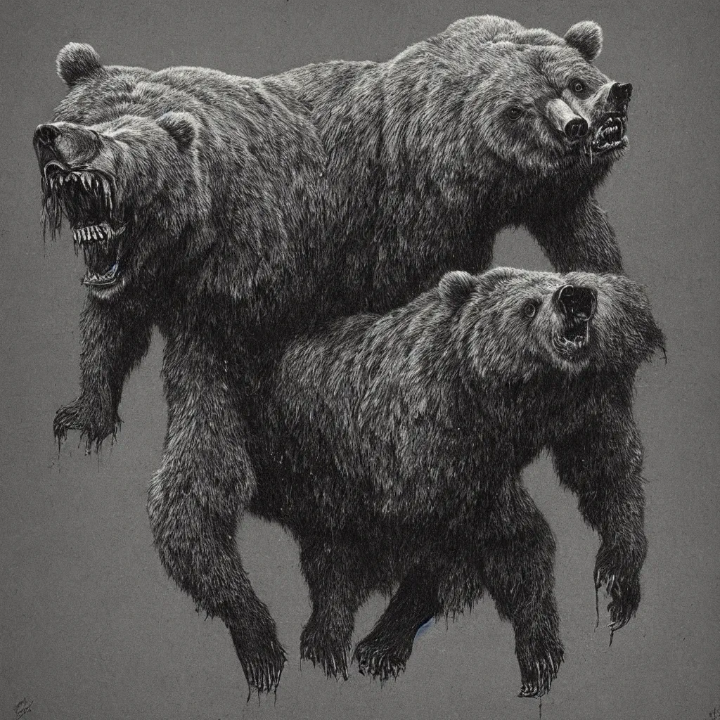 Prompt: horrifying bear, fangs, style of zdislaw beksinski