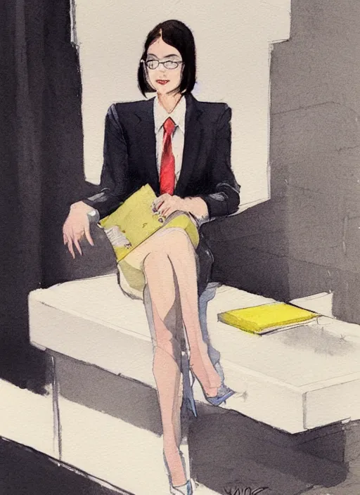 Image similar to concept art of a modern office life, young attractive business woman, pencil miniskirt, pinterest, artstation trending, behance, watercolor, by coby whitmore, silver, laser light,