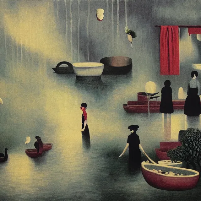 Image similar to painting of flood waters inside an apartment, tall female emo art student, a river flooding indoors, pomegranates, pigs, ikebana, water, river, rapids, waterfall, black swans, canoe, berries dripping, acrylic on canvas, surrealist, by magritte and monet