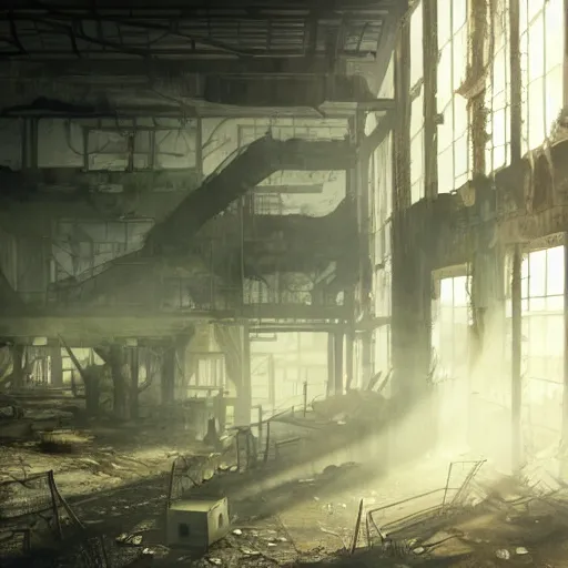 Prompt: fallout 5, indoors dilapidated partially ruined factory interior, rusted machinery, atmospheric lighting, painted, intricate, volumetric lighting, beautiful, daytime, sunny weather, slight overcast, golden hour, sharp focus, deep colours, ultra detailed, by leesha hannigan, ross tran, thierry doizon, kai carpenter, ignacio fernandez rios