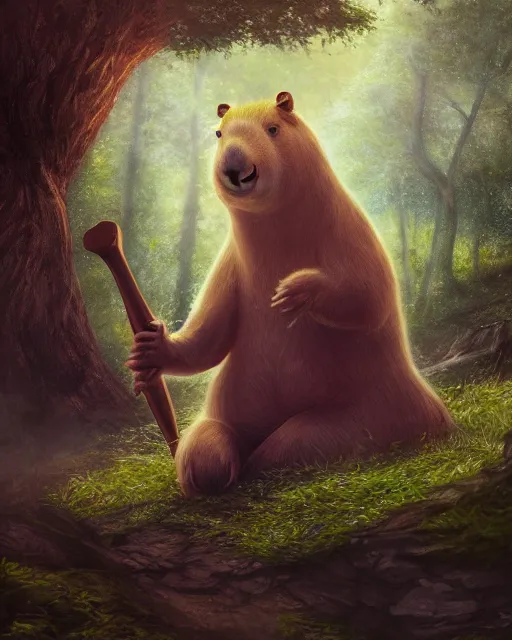 Prompt: Capybara playing Lute, wearing dress, looking majestic in forest, portrait, magic the gathering artwork, D&D, fantasy, cinematic lighting, centered, symmetrical, highly detailed, digital painting, artstation, concept art, smooth, sharp focus, illustration, volumetric lighting, epic Composition, 8k, art by Akihiko Yoshida and Greg Rutkowski and Craig Mullins, oil painting, cgsociety