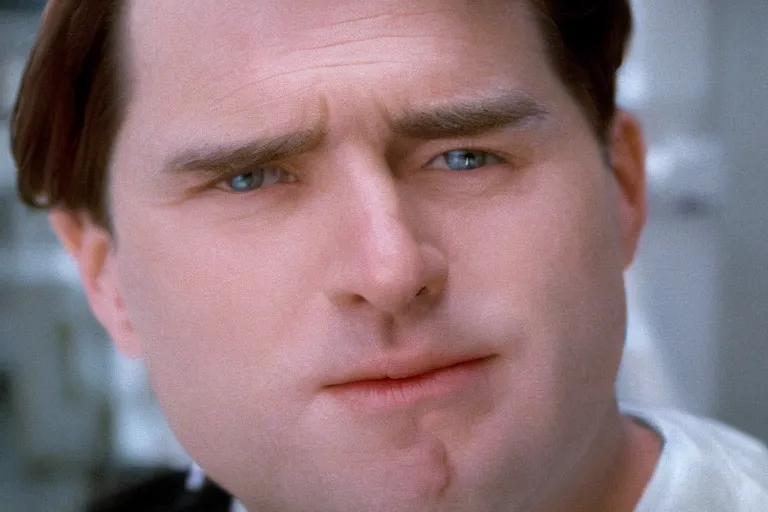 Image similar to cinematic still of chubby clean-shaven white man in film from 1995, XF IQ4, f/1.4, ISO 200, 1/160s, 8K, RAW, dramatic lighting, symmetrical balance, in-frame