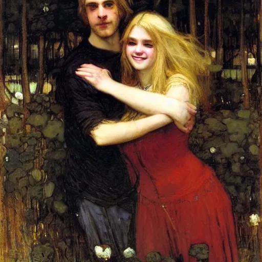 Prompt: black haired young woman hugging a tall man with long blond hair and smiling, john william waterhouse, soft lighting, romantic, love