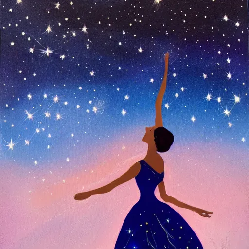 Image similar to ballerina in a dress looking at a starry sky, galaxy, beautiful, painting, highly detailed, soft light