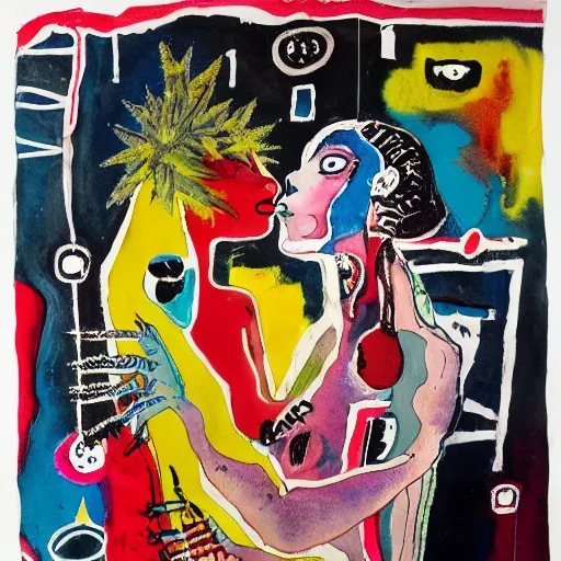 Image similar to watercolor painting of two bizarre psychedelic goth women kissing each other closeup in a space station in japan, speculative evolution, mixed media collage by basquiat and jackson pollock, maximalist magazine collage art, sapphic art, lesbian art, chemically damaged