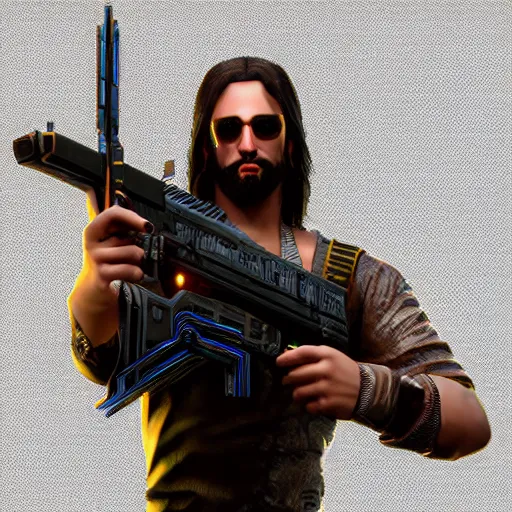 Image similar to Jesus in Cyberpunk 2077 with a pistol, Orthodox icon, handmade, wooden greek christian athos icon , concept art, unreal engine, 4k render, global illumination, blender, cycles, featured on artstation, pixiv