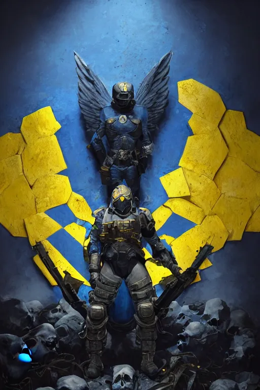 Prompt: A military super soldier with wings with a blue and yellow flag behind him is standing on a pile of skulls in triumph, concept art, сinematic lighting, insanely detailed, smooth, sharp focus, Artstation, 8k, unreal engine, hyper realistic, steampunk style, bright background, moonlight, volumetric lighting, wallpaper, digital illustration by Ruan Jia and Mandy Jurgens and Artgerm and Wayne Barlowe and Greg Rutkowski and Zdislav Beksinski