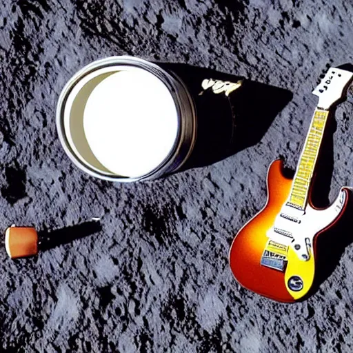 Prompt: a detailed, realistic, idle, regular sized electric guitar next to a detailed, realistic, idle, regular sized beer can on the moon. detailed photo. realistic photo