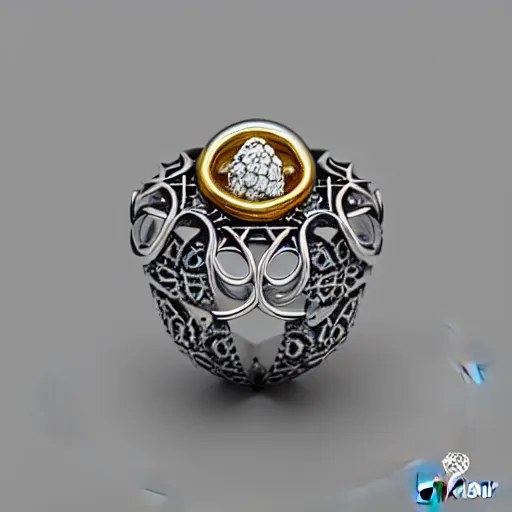 Prompt: intricate!! nordic ring and necklace and ear, silver and gold and diamond, isolated on a white background and a flower in the background, refraction, occlusion, filigree, lower and upper levels, keyshot render, octane render, vray render