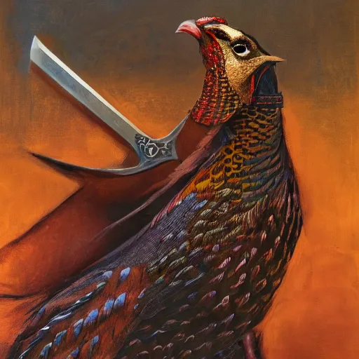 Prompt: a pheasant is girded with a belt, a sword hangs on the belt, by lily seika jones , rivuletpaper art, top cinematic lighting, cinematic mood, very detailed, shot in canon, by Viktor Vasnetsov, oil painting, harsh fairy tale, soft style, hyperrealism, beautiful, high resolution, trending on artstation, flying sword