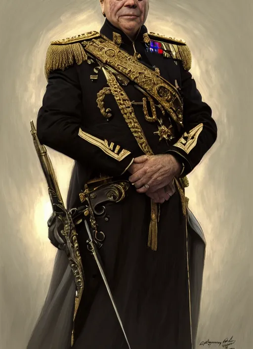 Image similar to portrait of supreme quebec leader francois legault, royalty, extravagant, lord, full body, military uniform, fantasy, intricate, elegant, beautiful, highly detailed, charcoal, centered, dark, smokey, digital painting, artstation, concept art, art by artgerm and greg rutkowski and alphonse mucha