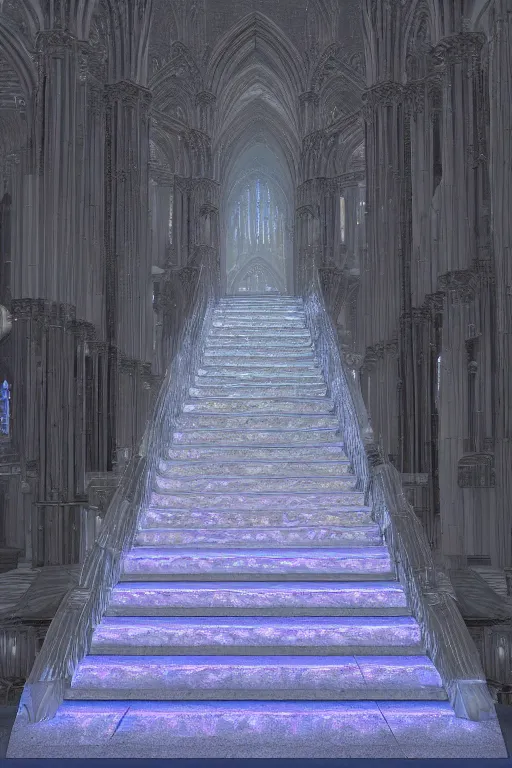 Prompt: a crystal and opal staircase in the cathedral of light, light sweep, glowing, stencil volume shadows, lighting rendered in unreal engine 5 and cinema 4 k