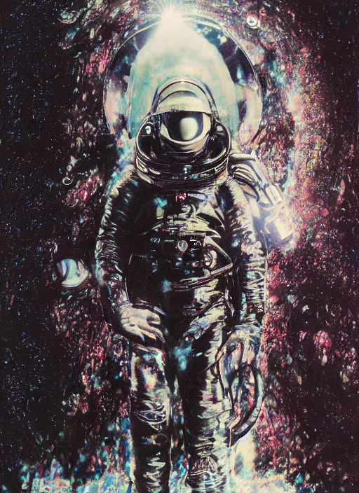 Image similar to astronaut in dark void underwater - complex and hyperdetailed technical suit design. reflection and dispersion materials. rays and dispersion of light. volumetric light. f / 3 2. noise film photo. flash photography. ultra realistic, 5 0 mm. poster by wayne barlowe, hajime sorayama aaron horkey, craig mullins