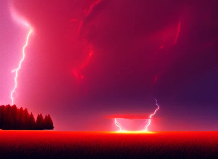 Prompt: lightning strikes a house in a field, epic red - orange aurora, perfect lightning, illustration by niko delort, 4 k, ultra realistic