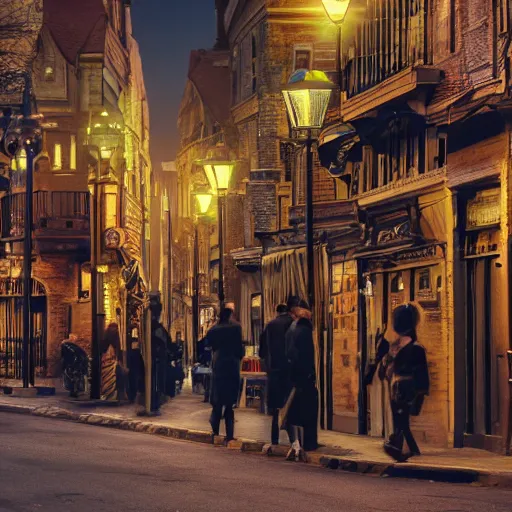 Prompt: a street level photo of a steampunk victorian city street, with people walking on the streets, at night, 4k, canon 5D