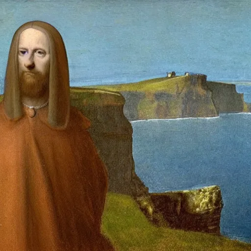 Prompt: portrait of william sheen by davinci watching over the cliffs of moher, high definition, golden ratio