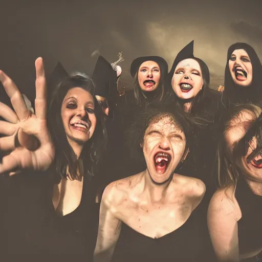 Image similar to a coven of witches, laughing and eagerly making fun of the camera!!!!!, fisheye!!!!! lens photography, lens distortion, chromatic aberration!!!!!, cgsociety contest winner, best on artstation, photorealistic photography, grim lighting, foreboding atmosphere, dark, nighttime, 4 k, 8 k