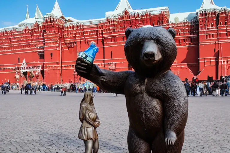 Image similar to a gigantic statue of bear holding a bottle of vodka in the middle of the red square, symmetry, awesome exposition, very detailed, highly accurate, 8 k, professional lighting diffracted lightrays, sense of awe