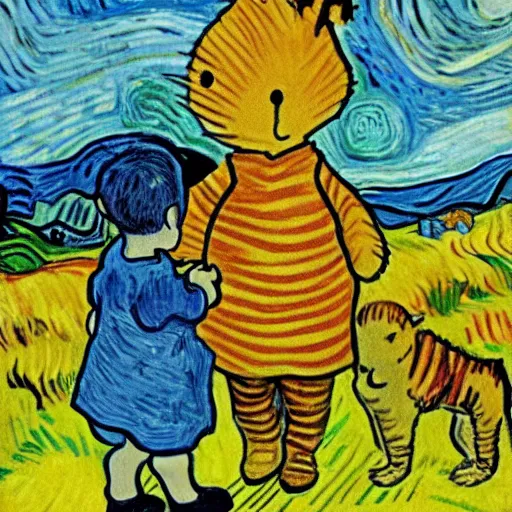 Image similar to portrait of calvin and hobbs, detailed, by beatrix potter annd van gogh
