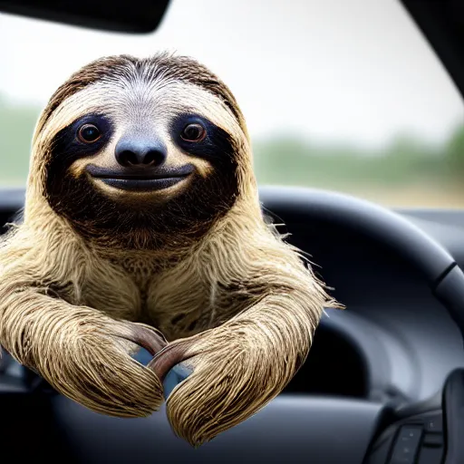 Prompt: 4k photograph of a sloth behind the driving wheel of a car