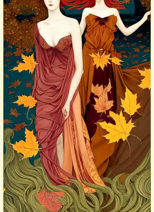 Prompt: 3 Autumn Muses symbolically representing September, October, and November, in a style blending Æon Flux, Peter Chung, Shepard Fairey, Botticelli, Ivan Bilibin, and John Singer Sargent, inspired by pre-raphaelite paintings, shoujo manga, and cool Japanese street fashion, dramatic autumn landscape, leaves falling, deep vivid warm tones, hyper detailed, super fine inking lines, ethereal and otherworldly, 4K extremely photorealistic, Arnold render