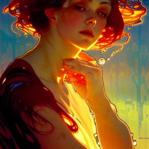 Image similar to sea of glossy liquid honey drops flowing like translucent amber, backlit, sunset, refracted lighting, art by collier, albert aublet, krenz cushart, artem demura, alphonse mucha