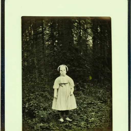 Prompt: Polaroid photo of Victorian child hovering in the clearing of a forest