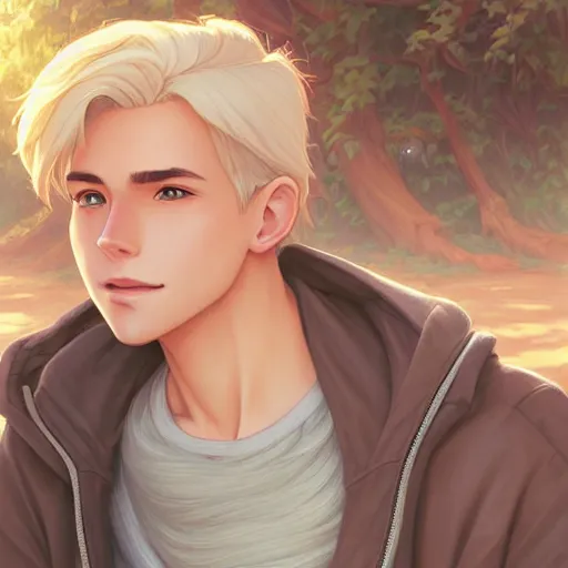 Prompt: young man with short, ash blond greyish hair, light brown eyes, casual clothes, relaxing, happy, path traced, highly detailed, high quality, digital painting, by don bluth and ross tran and studio ghibli and alphonse mucha, sylvain sarrailh, beautiful details