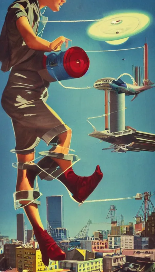 Prompt: giant washing machine attacking city, flying socks, 1 9 6 0 s science fiction poster, atompunk, behance, trending on artstation