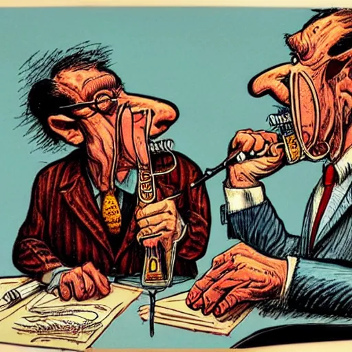 Image similar to The Artwork of R. Crumb and his Cheap Suit Dentist, pencil and colored marker artwork, trailer-trash lifestyle