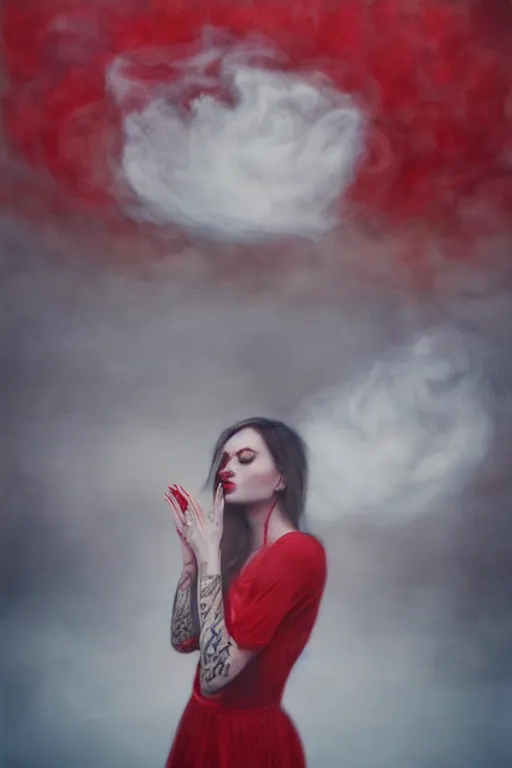 Image similar to tattooed beautiful cult girl smoke swirling and smiling, red dress, symmetric, dark, moody, eerie religious composition, photorealistic oil painting, post modernist layering, by Sean Yoro