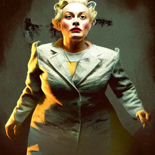 Image similar to Margot Robbie is the fat grandma haunting my dreams, by Dave McKean