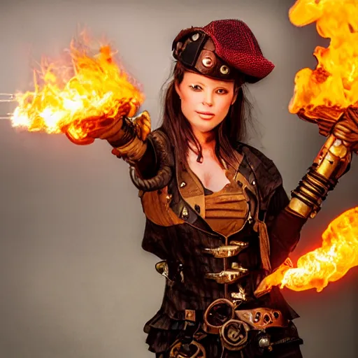 Image similar to photo of steampunk warrior woman with flamethrower