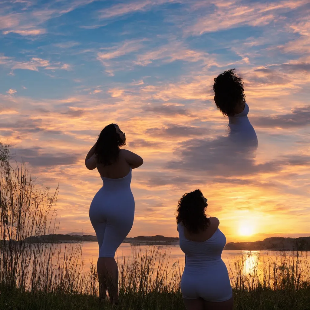 Prompt: a curvy woman gazing at the sunset