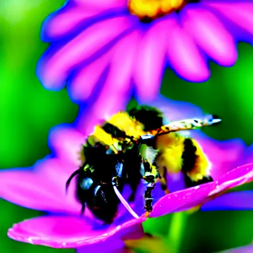 Image similar to a bumblebee made out of flowers, with floral anatomy, sits on a finger, 5 0 mm lens, f 1. 4, sharp focus, ethereal, emotionally evoking, head in focus, volumetric lighting, blur dreamy outdoor, inspired by giuseppe arcimboldo