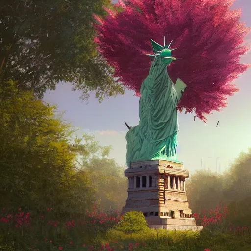 Image similar to a fantasy solarpunk statue of liberty, landscape illustration by greg rutkowski, bright sunlight, sun glints, vivid and colorful trees and plants and flowers, digital art, 8 k, trending on artstation