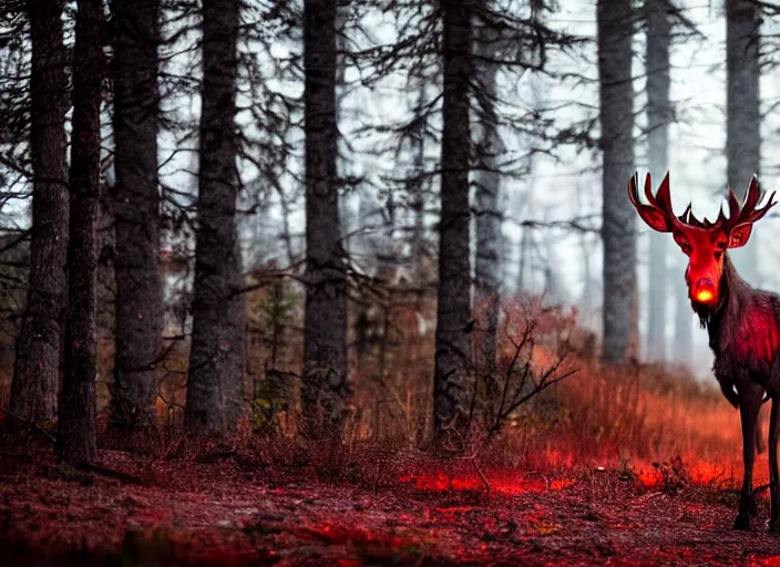 Image similar to an award winning photo of a zombie moose with glowing red eyes, full body portrait, evening in the forest, 4 k, wildlife photography, high quality, national geographic
