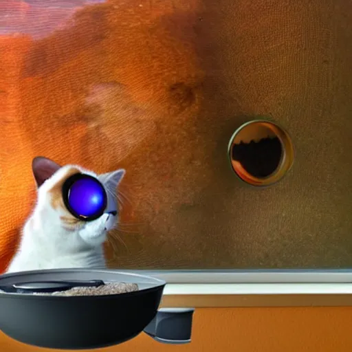 Image similar to cat watching martian landscape, standing inside a futuristic window, next to a food bowl